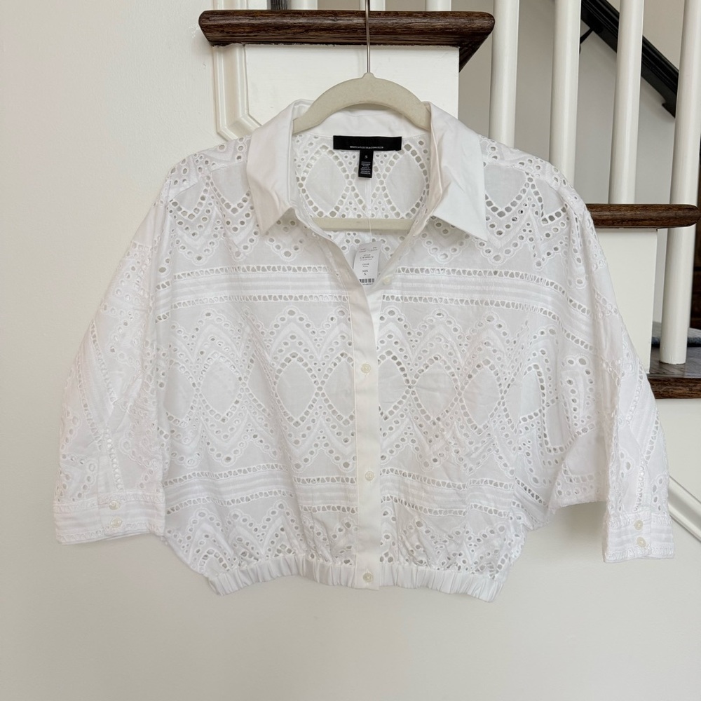 NWT WHBM Kimono Sleeve Eyelet Shirt Blouse - size small - white - Picture 6 of 10